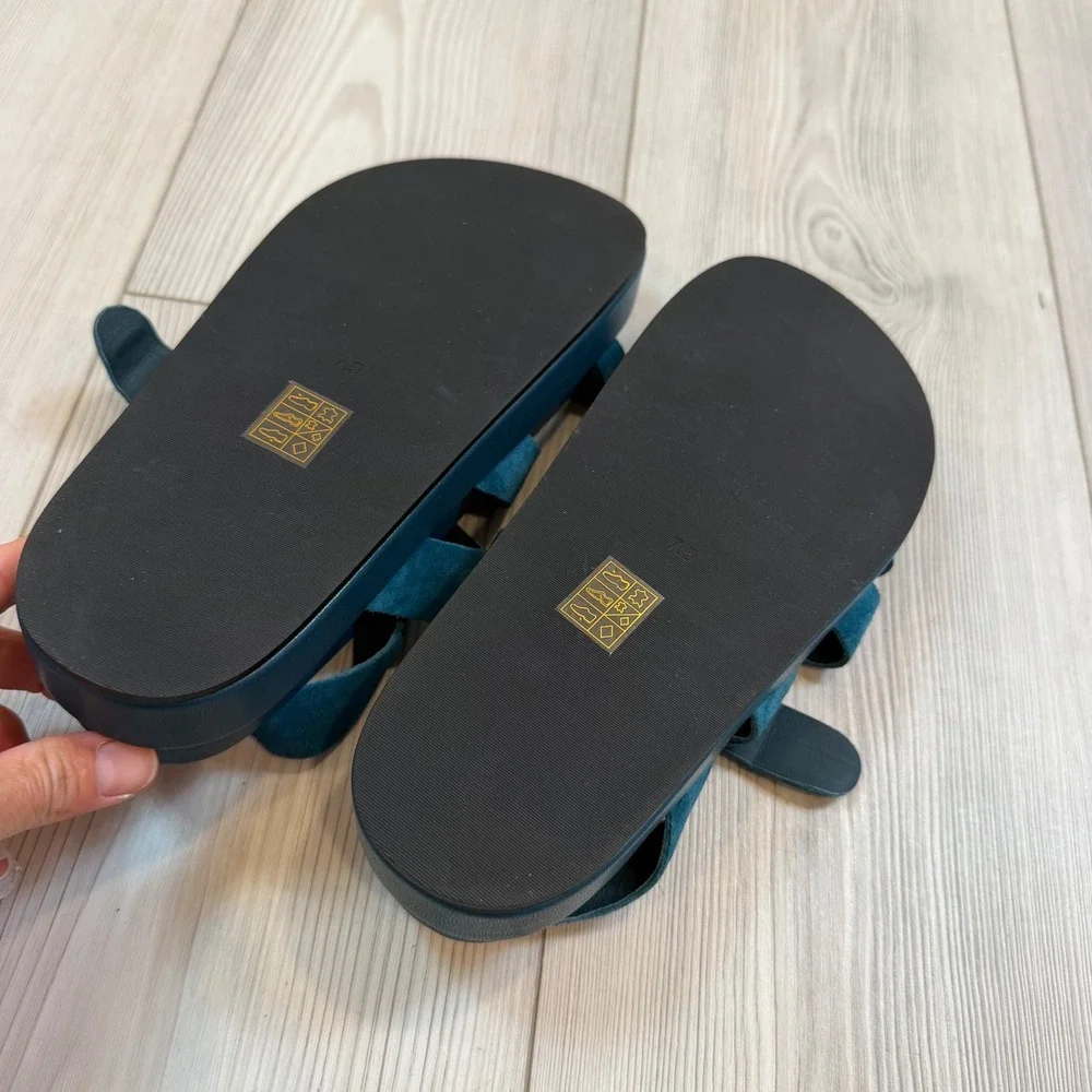 Jeffrey Campbell Hebrides Suede Sandal Teal Blue Strappy Platform Toe Loop 7.5